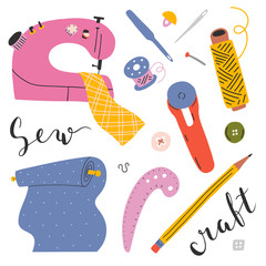 Sewing kit, collection of tools and accessories for tailor shop, workshop, isolated colored clip arts with lettering words  in modern hand drawn style.