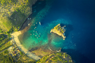 Aerial view, on Crystal bay with scenery boat and crystal clear sea lagoon and beautiful island in sea water.