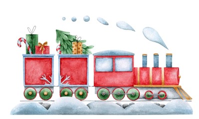 New Year train express with gifts and Christmas trees painted in watercolor