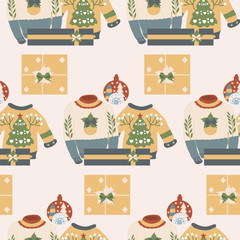 ugly christmas swaters and gifts in a seamless pattern design