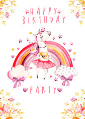 Isolated cute watercolor unicorn Birthday invitation card. Nursery unicorns and rainbow illustration. Princess unicorns poster. Trendy pink cartoon horse. Use for print, surface design, girl t shirt