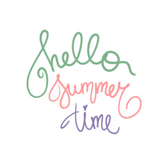 Hello Summer Time text handwritten season phrase lettering, little heart violet green pink purple. Backdrop illustration calligraphy. Typography graphic design element. Template for invitation card.