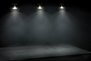 Obraz premium Empty place for exhibition illuminated by the spotlights. Store display. Wooden shelf. Black background. Vector illustration.