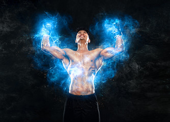 Boxing and fitness concept. Boxer man fighting or posing in gloves on black background. Individual...