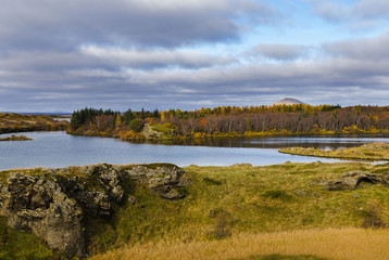 Iceland, autumn, incredible landscapes of the country, lake and rocks