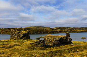 Iceland, autumn, incredible landscapes of the country, lake and rocks