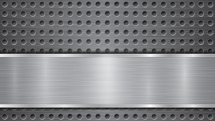 Background in gray colors, consisting of a metallic perforated surface with holes and a polished plate with metal texture, glares and shiny edges