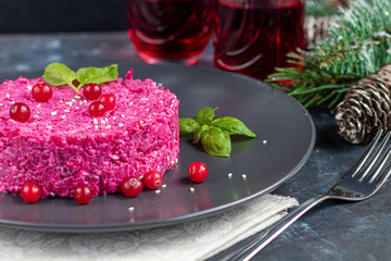Holiday salad of beets and soft cheese. Added sesame seeds and chanok. Vegetarian food.