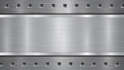 Background in gray colors, consisting of a metallic perforated surface with holes and a polished plate with metal texture, glares and shiny edges