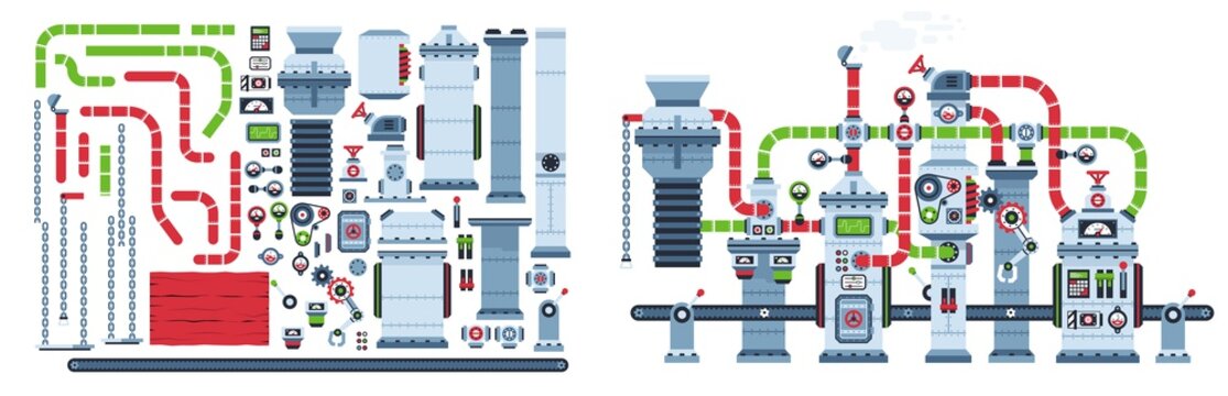 Factory conveyor belt fantastic machine. Industrial mechanism equipment. Machinery spare parts set. Vector illustration.