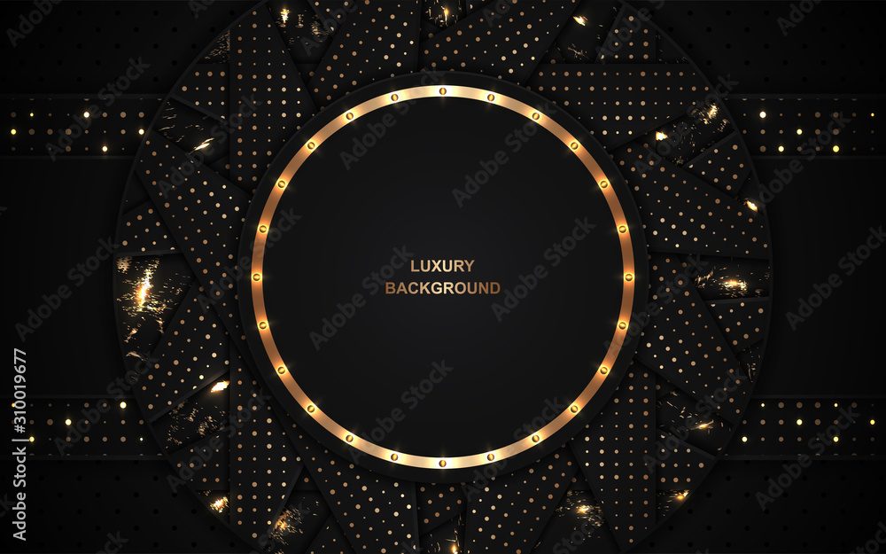 Poster abstract black circle overlapping layers background a combination with golden texture line decoratio