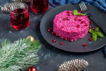 Holiday salad of beets and soft cheese. Added sesame seeds and chanok. Vegetarian food.