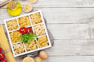 Various pasta in wooden box