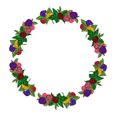 fresh ripe berries of a color raspberry in the form of a wreath, a round frame. Healthy food. Raspberry, cloudberry, blackberries.