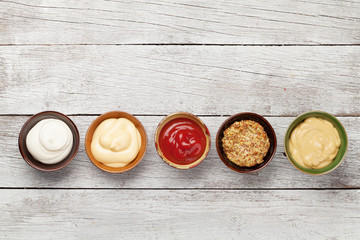 Set of various sauces. Popular sauces in bowls