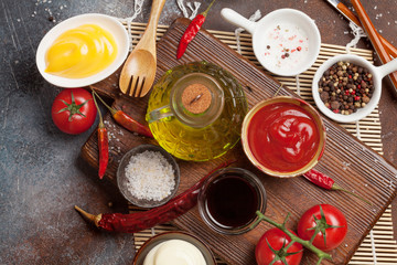 Set of various sauces. Popular sauces in bowls