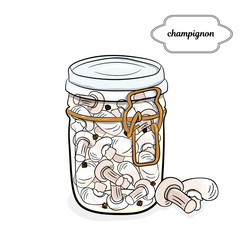 jar with mushrooms,champignons, homemade canning. champignons,  vegetables preserves.. Hand drawing illustration