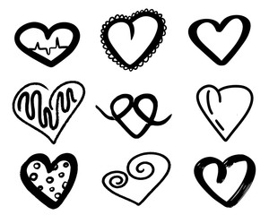 Black hearts collection. Hand drawn heart love on white background. Doodle cartoon romantic style. Coloring page. Wedding poster, Valentines day symbol, design greeting card print. Raster illustration
