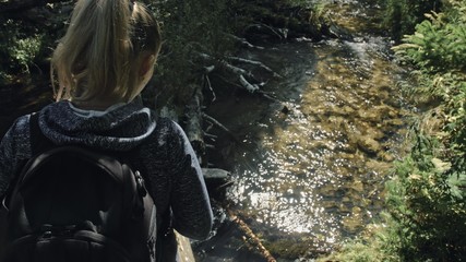 Traveler photographing scenic view in forest river. Wood bridge fallen tree. One caucasian woman shooting nice magic look. Girl take photo video on camera. Photographer travel with backpack. Outdoor.