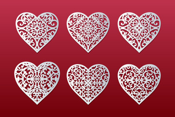 Fototapeta na wymiar Laser cut hearts set with lace pattern. Templates for interior design, layouts wedding cards, invitations, Valentine's Day cards. Vector floral hearts.