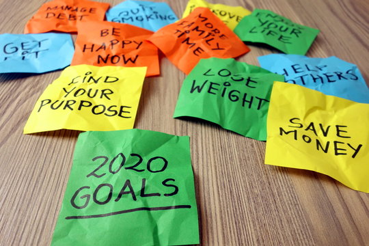 Goals for year 2020 handwritten on colorful sticky notes