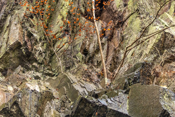 Massive Felswand aus Schiefergestein mit Felsvorsprüngen, grünem Moos, schroffen Kanten und steilen Klippen zeigt ein Kletterparadies für Free Climbing, Kletterer und Wanderer durch felsiges Gebirge