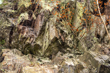 Massive Felswand aus Schiefergestein mit Felsvorsprüngen, grünem Moos, schroffen Kanten und steilen Klippen zeigt ein Kletterparadies für Free Climbing, Kletterer und Wanderer durch felsiges Gebirge