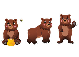 Cute cartoon bear vector set. Bear in different postures. Forest animals for kids. Isolated on white background