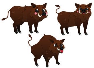 Cute cartoon wild boars vector set. Hogs in different postures. Happy and angry boar. Forest animals for kids. Isolated on white background.