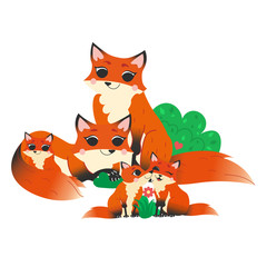 Obraz premium Cute cartoon wild fox family vector image. Male and female foxes with their pups. Forest animals for kids. Isolated on white background