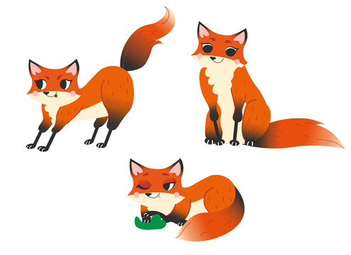 Cute cartoon wild fox vector set. Fox in different postures. Forest animals for kids. Isolated on white background