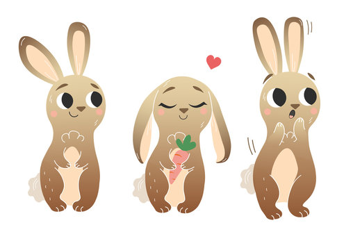 Cute cartoon hare vector set. Hares in different postures. Forest animals for kids. Isolated on white background