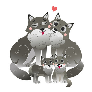 Cute cartoon wolf family vector image. Male and female wolfs with their cubs. Forest animals for kids. Isolated on white background