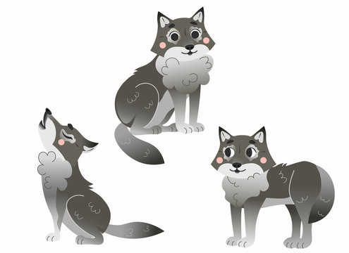Cute cartoon grey wolfs vector set. Wolfs in different postures.  Forest animals for kids. Isolated on white background