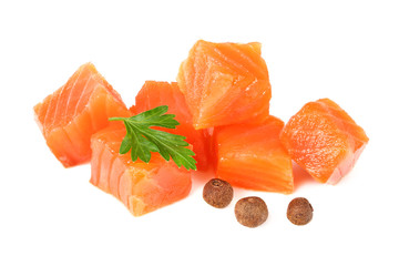 Red fish. Raw salmon fillet with parsley and peppercorns isolate on white background