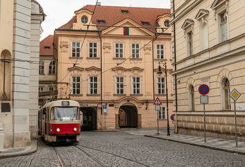 Red tram in Prague, Czech Republic. Transportation used in the old city of Prague