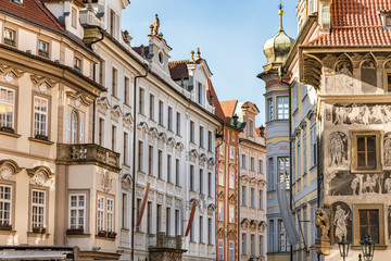 Fototapeta na wymiar Buildings in Old Town Square in Prague city. Colorful side-by-side buildings