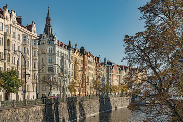 Buildings in Old Town Square in Prague city. Colorful side-by-side buildings