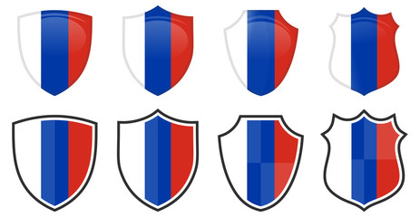 Vertical Russian flag in shield shape, four 3d and simple versions. Russia icon / sign