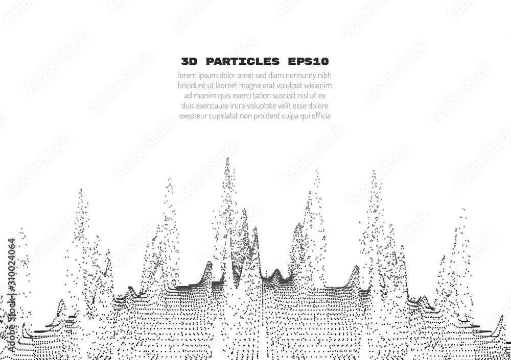 Poster abstract background with particles. volumetric figures and waves of particles. optical illusion of v
