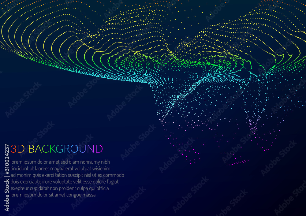 Poster abstract background with particles. volumetric figures and waves of particles. optical illusion of v