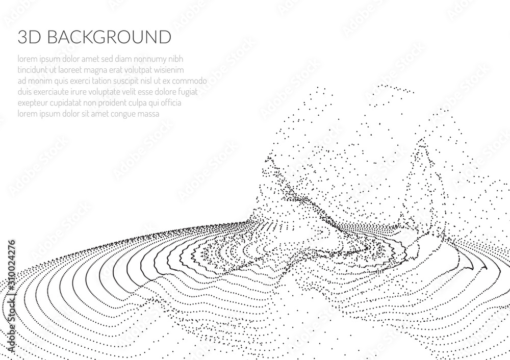 Poster abstract background with particles. volumetric figures and waves of particles. optical illusion of v