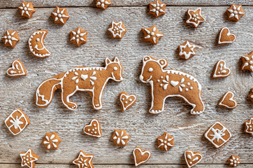 Homemade Christmas gingerbread cookies in the form of animals and stars