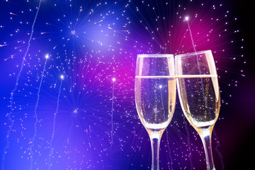 Festive holiday background with Champagne and clock showing Midnight at New Years Eve.