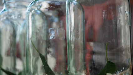 Photo of finished cans for preservation at home.  Composition of empty cans for preservation at home background