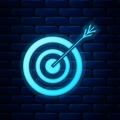 Glowing neon Target with arrow icon isolated on brick wall background. Dart board sign. Archery board icon. Dartboard sign. Business goal concept. Vector Illustration