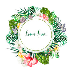 Watercolor tropical wreath with hibiscus flowers and palm leaves . 
