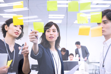 ボードを使って打ち合わせをする男女3人のビジネスマン