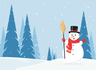 Cute smiling snowman in winter forest. Merry Christmas and Happy New Year greeting card. Winter illustration in flat style. Vector