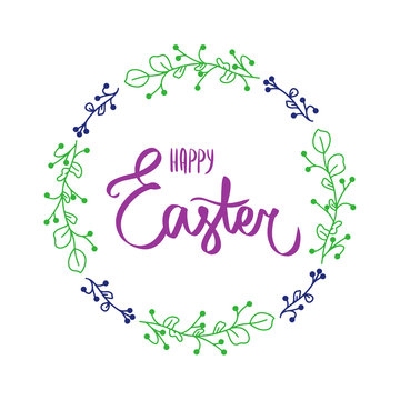 Happy easter day simple lettering with flower frame wreath. Calligraphy postcard, poster graphic design lettering element. Handwritten calligraphy style easter postcard. Photography overlay sign